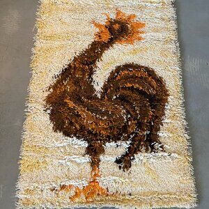 60's 70's AIDA Rooster Cream Yellow Wool UNUSED Mid Century Modern Rya Rug